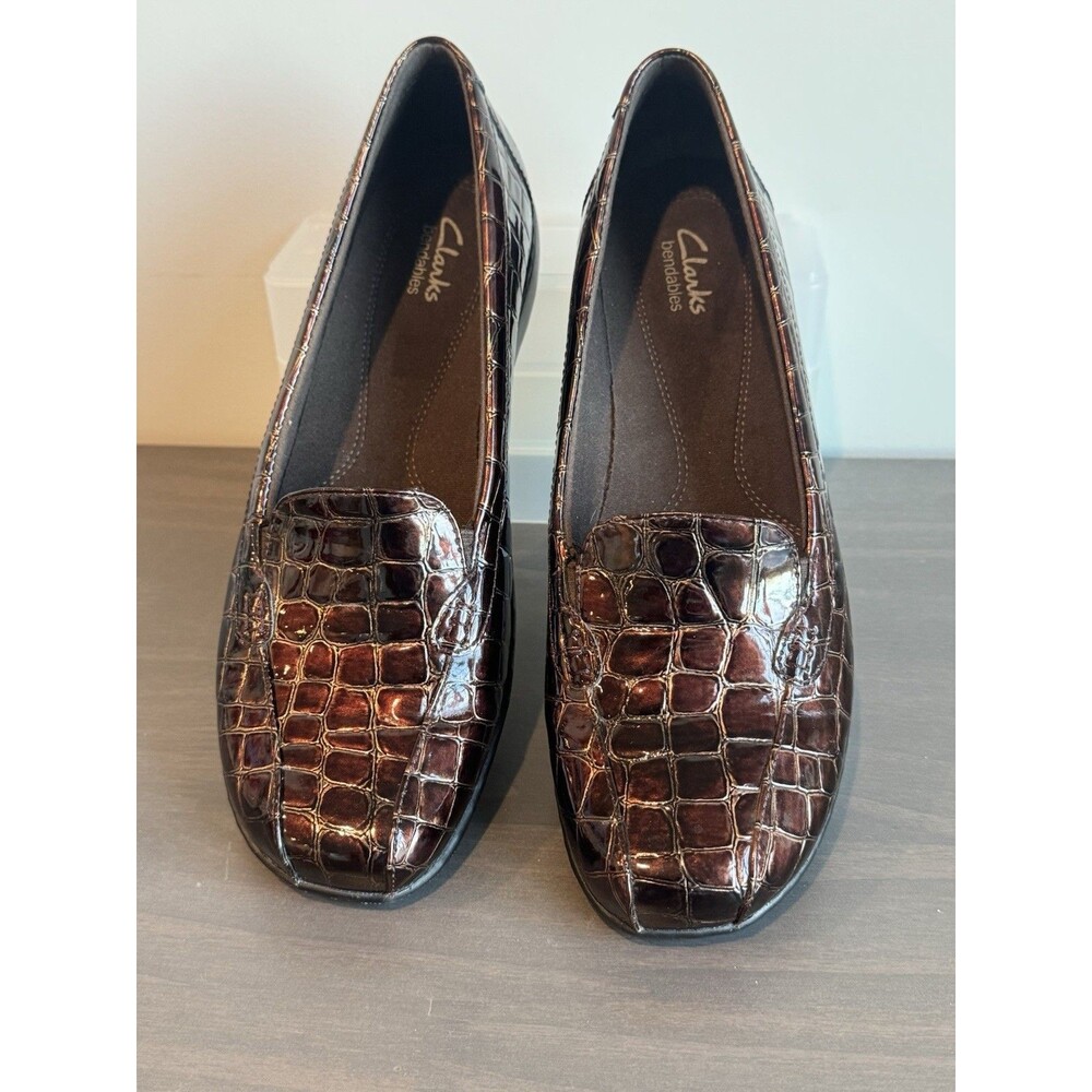 Clarks Bendables Shoes Womens Size 11M Brown Croc Print Slip On Loafers Comfort